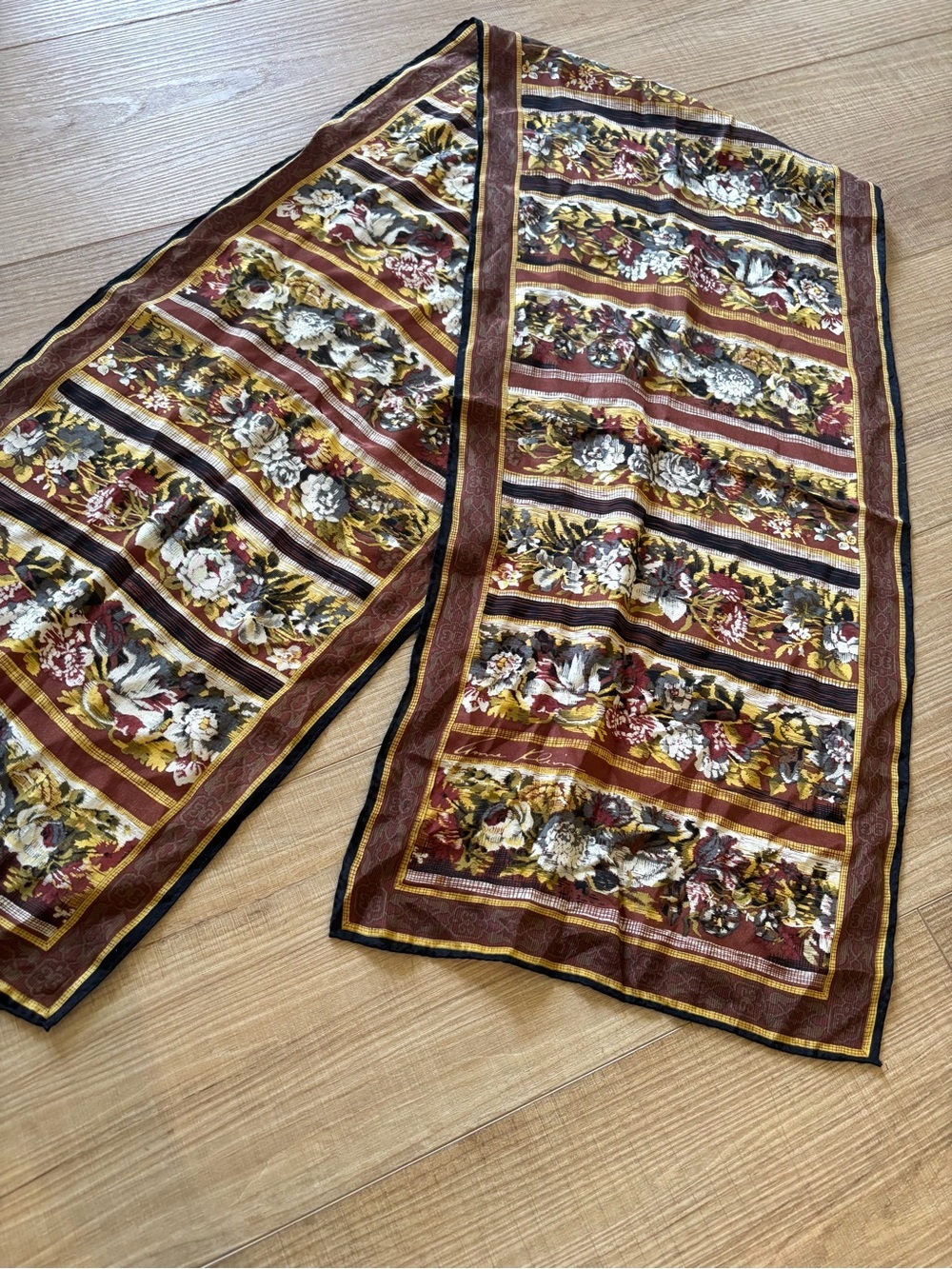 Vtg Anne Klein Silk Scarf Rectangle Floral Retro Earthy Old Money Quiet Luxury